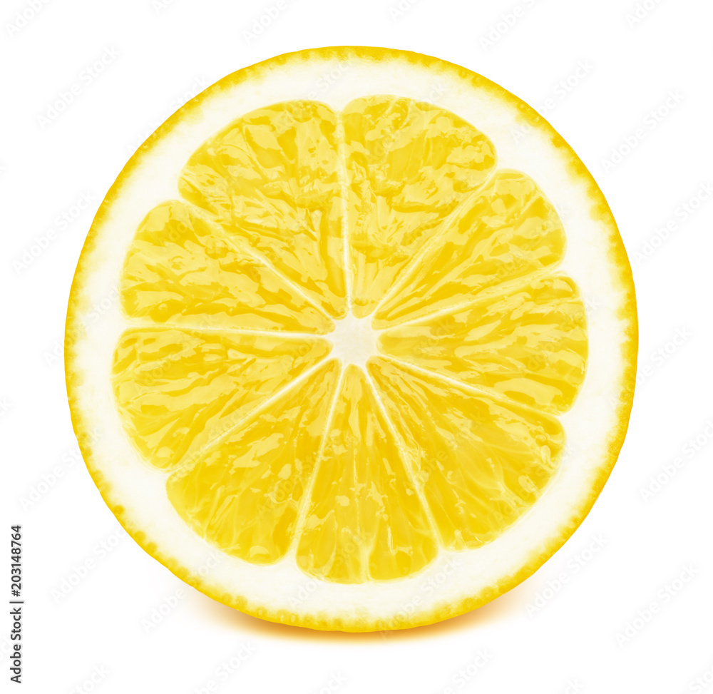 Perfectly retouched sliced half of lemon fruit isolated on the white background with clipping path. One of the best isolated lemons slices that you have seen. - obrazy, fototapety, plakaty 