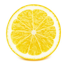 Perfectly Retouched Sliced Half Of Lemon Fruit Isolated On The White Background With Clipping Path. One Of The Best Isolated Lemons Slices That You Have Seen.