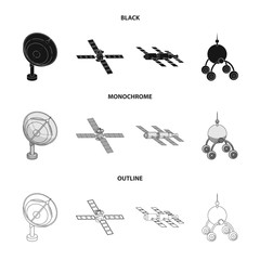 Radio radar, docking in space spacecraft, Lunokhod. Space technology set collection icons in black,monochrome,outline style vector symbol stock illustration web.