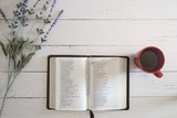 Fototapeta  - Bible Study on a White Wood Table