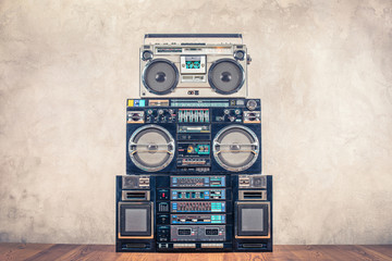 Wall Mural - retro design ghetto blaster stereo radio cassette tape recorders boombox tower from circa 80s front 