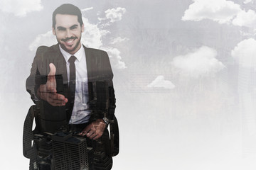 Wall Mural - Smiling businessman on an chair office offering handshake against new york skyline