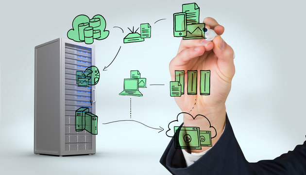 Hand writing with a marker against digitally generated server tower