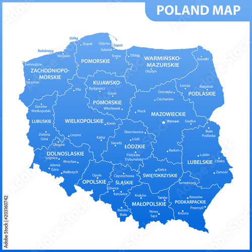 Obraz Dibond Szczegółowa mapa Polski z regionami lub stanami i miastami, stolicami. Podział administracyjny
