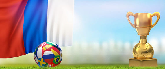 Wall Mural - soccer football ball with golden trophy and flag of Russia 3d illustration