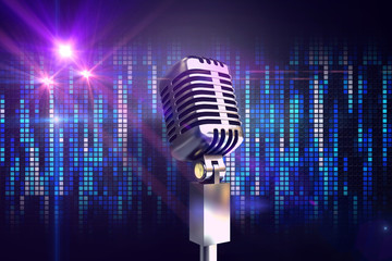 Poster - Retro chrome microphone against digitally generated cool pixel background