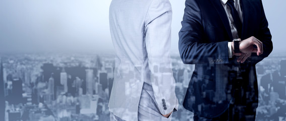Poster - Thinking businessman against high angle view of city