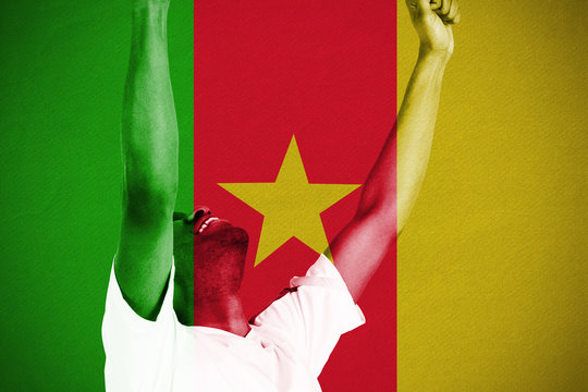 Excited handsome football fan cheering against cameroon national flag