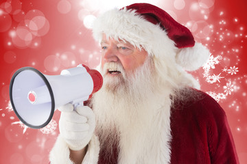 Wall Mural - Santa Claus is using a megaphone against red design with white snowflakes