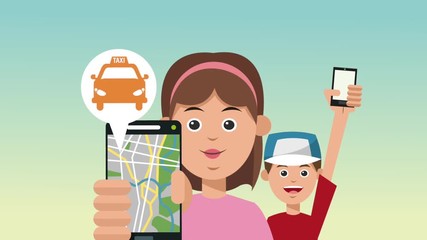 Poster - Family using online taxi app with smartphones High Definition animation colorful scenes