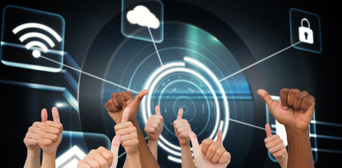 Poster - Hands giving thumbs up  against futuristic technology interface