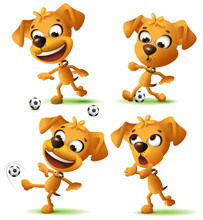 Set Yellow Funny Dog Playing Soccer Ball