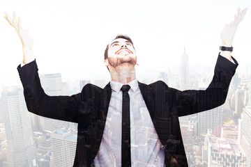 Poster - Businessman cheering with hands raised against new york skyline