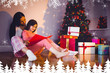 © vectorfusionart - Mother and daughter waiting for santa claus against fir tree forest and snowflakes