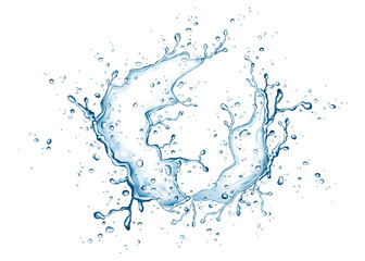 Wall Mural - Blue water splash and drops isolated on white background.