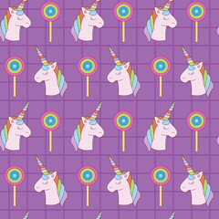 Purple square of unicorn and lollipop. A playful, modern, and flexible pattern for brand who has cute and fun style. Repeated pattern. Happy, bright, and magical mood.