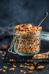 Canvas Print - homemade granola (hazelnuts, raisin, dried cranberry, pumpkin, sesame and sunflower seeds)