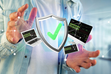 Poster - Shield symbol surrounded by devices and network displayed on a futuristic interface