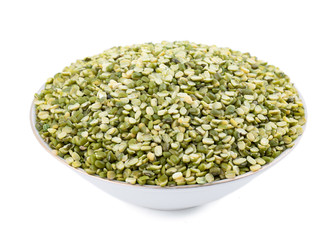 Split Mung Bean Lentils Also Know as Mungbean, Green Moong Bean, Mung Gram, Vigna Radiata, Green Gram, Golden Gram Legumes, Moong Bean, Moong Dal, Green Bean or Mung Daal isolated on White Background