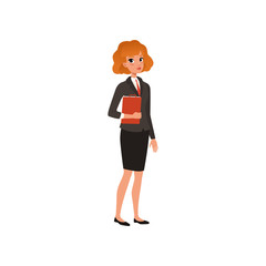 Poster - Business woman in formal suit with folder in hands. Young office worker. Flat vector illustration