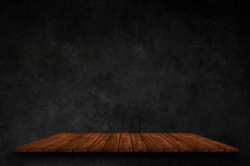 Wall Mural - Empty top of wooden shelves on dark concrete wall background, For product display.