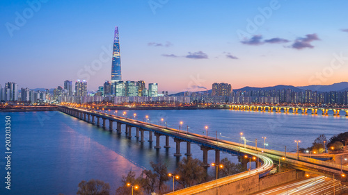 Seoul city skyline at night in Seoul, South Korea Canvas Print