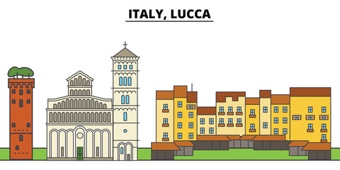 Wall Mural - Italy, Lucca. City skyline, architecture, buildings, streets, silhouette, landscape, panorama, landmarks, icons. Editable strokes. Flat design line vector illustration concept