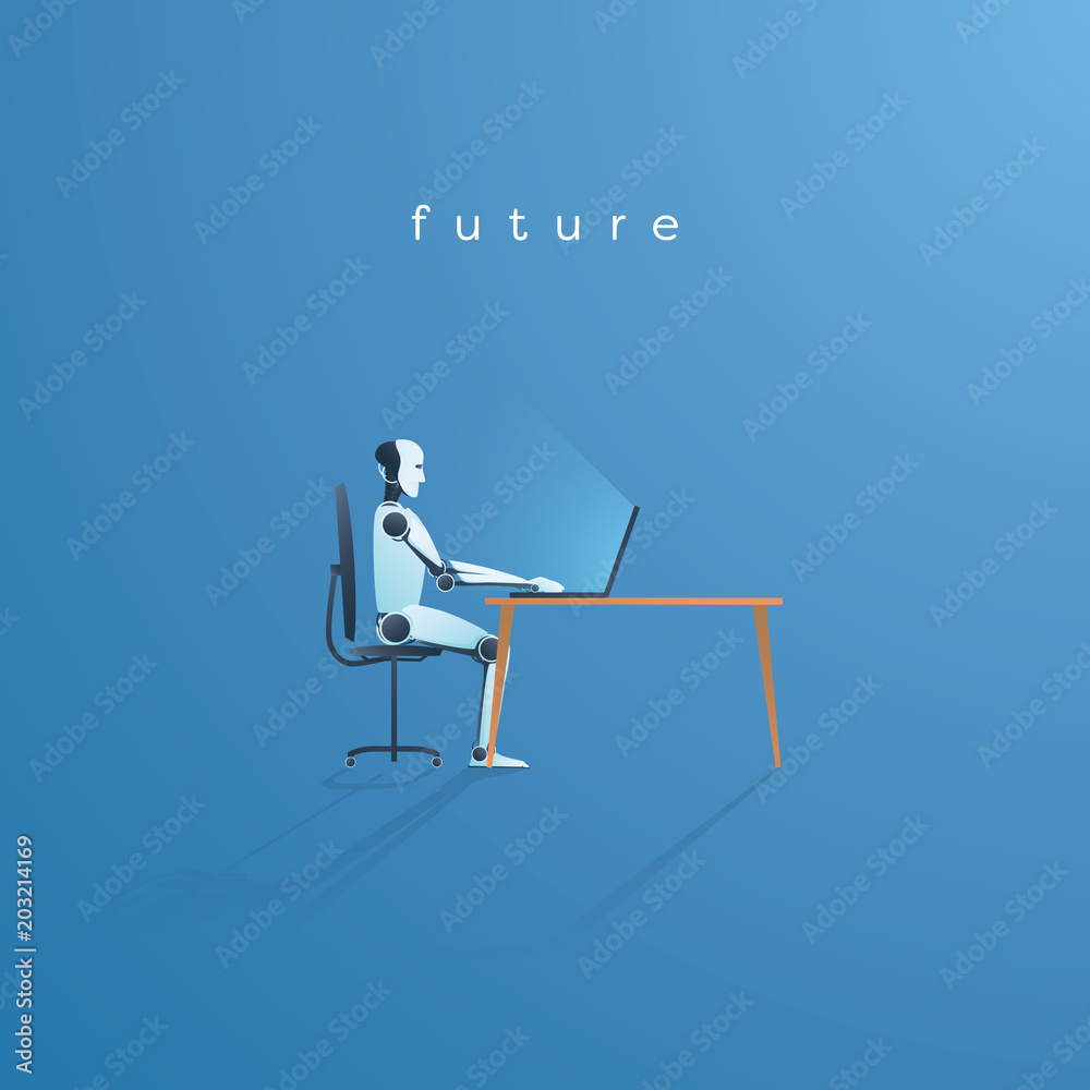 Artificial intelligence robot working on laptop vector illustration ...