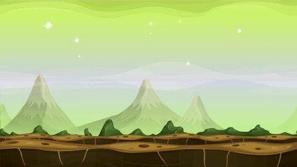 Wall Mural - Fantasy Alien Mountains Background Loop/
Seamless looped animation of a cartoon funny sci-fi alien planet landscape background, with layers for parallax including mountains range, stars and planets