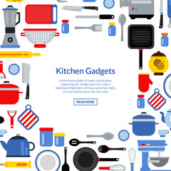 Poster - Vector flat style kitchen utensils background illustration with