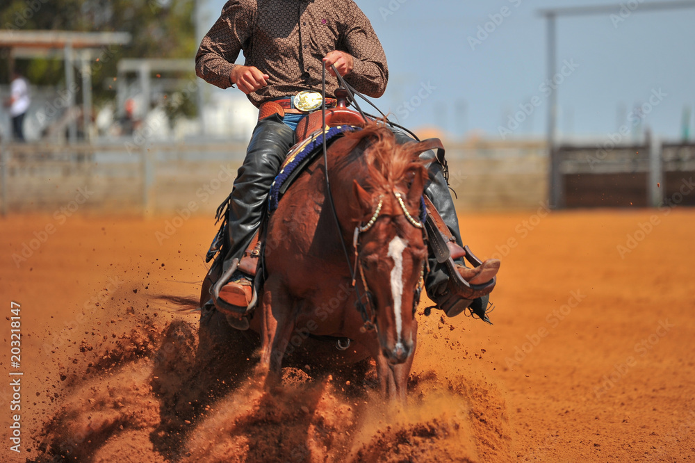 The front view of a rider in cowboy chaps and boots on a horseback ...