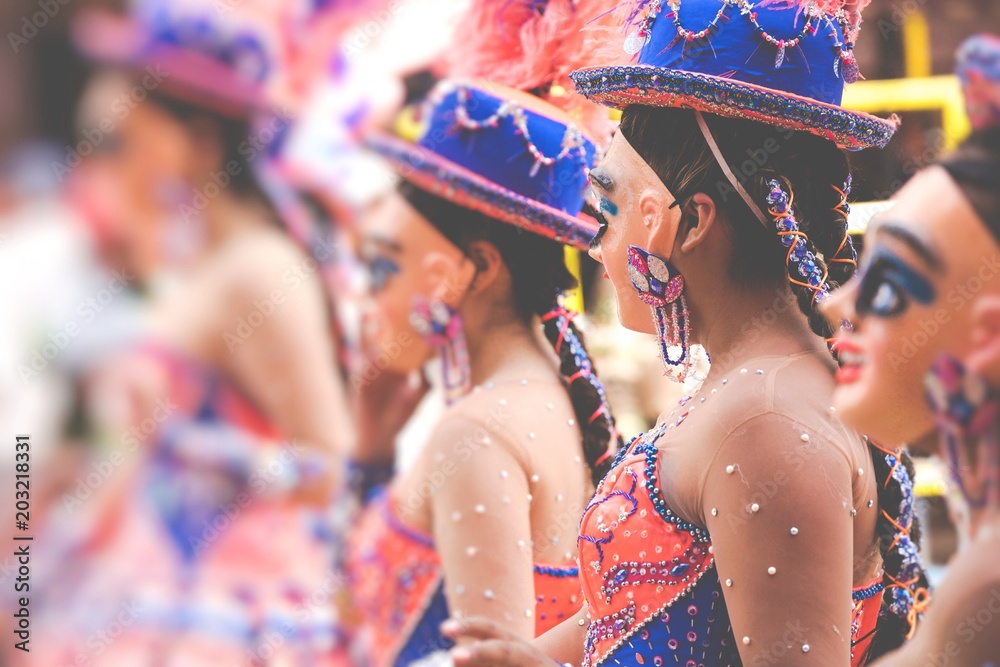 Dancers at Oruro Carnival in Bolivia, declared UNESCO Cultural World Heritag in Oruro, Bolivia - obrazy, fototapety, plakaty 