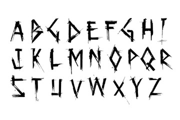 Wall Mural - Alphabet set of black capital handwritten letters. Uppercase font with semi-dry brush strokes in horror style.