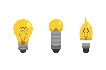 Light bulb and lamp set in cartoon style. Main electric lighting types vector. Idea illustration.