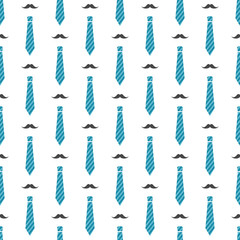 Vector seamless pattern with mustaches and blue neckties. Male hipster background