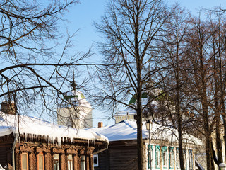 Poster - old urban wooden houses on street in Suzdal