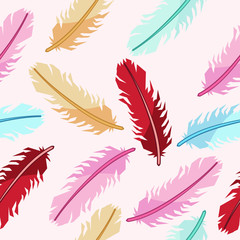  Feathers birds of different colors vector seamless pattern on a pink background for wallpaper, wrapping, packing, and backdrop.