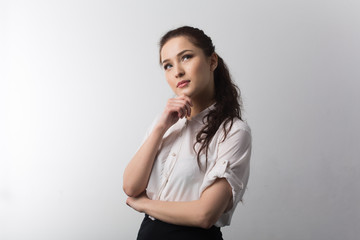 young business girl  smiling in white shirt and black skirt on white isolated background