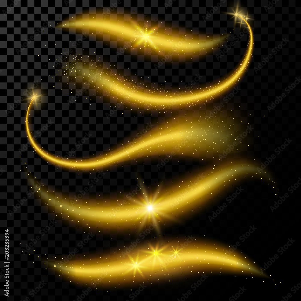 Magic sparkle comet and stardust. Golden cosmic glittering waves with glowing particles Set. Bright trail isolated on black background. Fairy dust. Glamour vector illustration. - obrazy, fototapety, plakaty 