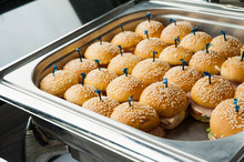 Delicious Mini Ham-cheeseburger Burger Is Placed In Stainless Steel Box With Toothpicks,burger,mini Burger,sandwich