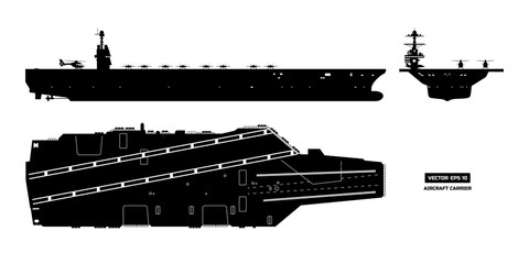 silhouette of aircraft carrier. military ship. top, front and side view. battleship model. industria
