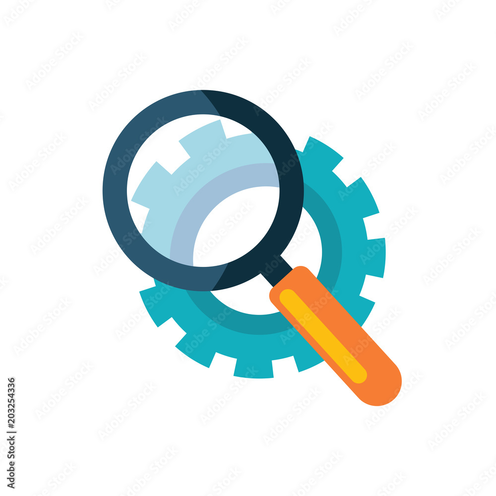Vector icon of a magnifying glass that is looking over the gear Stock ...