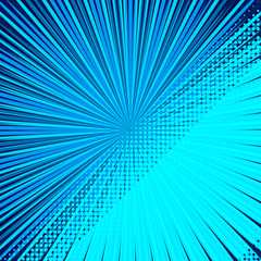 Aufkleber - Abstract comic blue background for style pop art design. Retro burst template backdrop. Light rays effect. Vintage comic book style, halftone modern print texture, vector.
