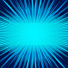 Aufkleber - Abstract comic blue background for style pop art design. Retro burst template backdrop. Light rays effect. Vintage comic book style, halftone modern print texture, vector.

