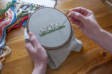 Female hands embroidering flowers