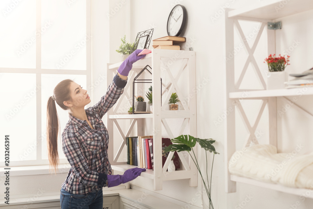 Woman cleaning dust from bookshelf - obrazy, fototapety, plakaty 