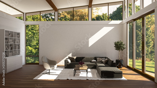 Cuadros en Lienzo Luxury bright glass walled living room interior