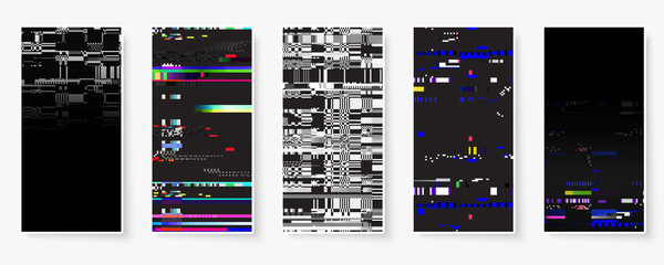 Fototapete - Glitch backgrounds set. Mobile device screen error. Digital pixel noise abstract design. Device signal fail. Gadget data decay. Glitch tv wallpaper. Monitor technical problem.