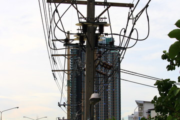 electrical pole in bangkok, thailand, may 3, 2018