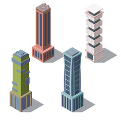 Wall Mural - Vector set of isometric modern buildings in cartoon style. Urban skyscrapers for town exterior, architecture. Residential construction for cityscape concept